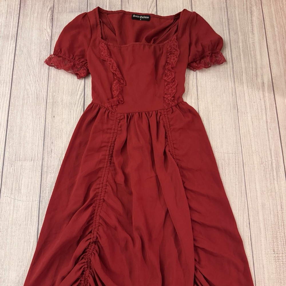Scarlet Darkness Women's S Red Lace Ruched Corset Midi Dress Cottagecore Gothic